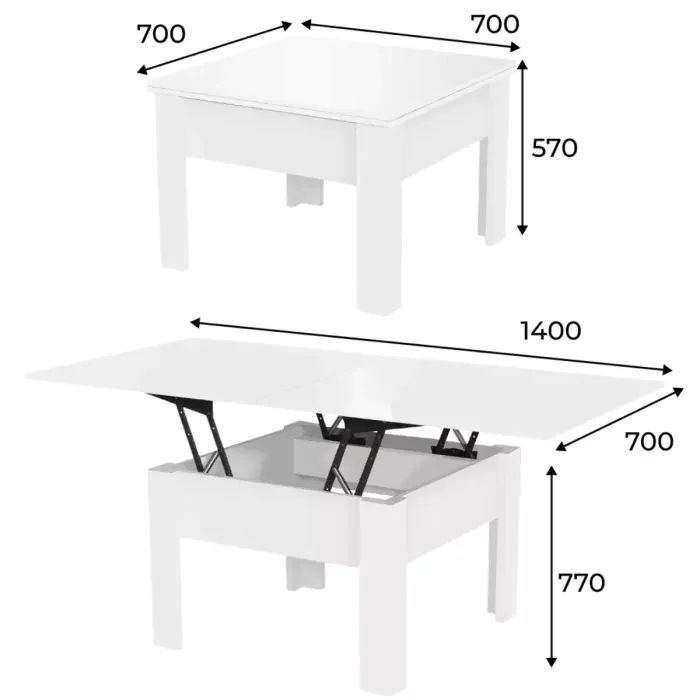 Nowoczesny ławostół rozkładany Comfort 70×70/140 Biały