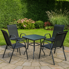 Garden set square table with parasol hole and 4 chairs black